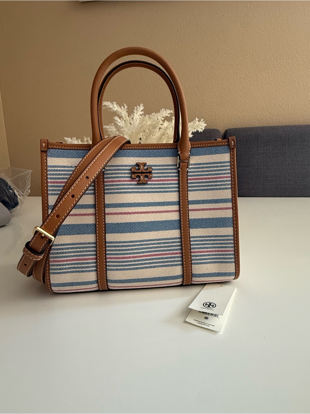 NWT , Tory Burch Blake Stripe Canvas Small Tote 175966 $430